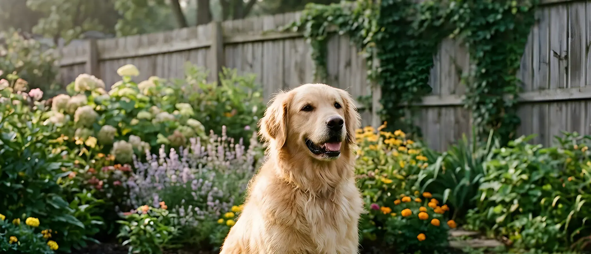 Golden retriever in a garden, upscaled to 2x with the AI Image Enhancer