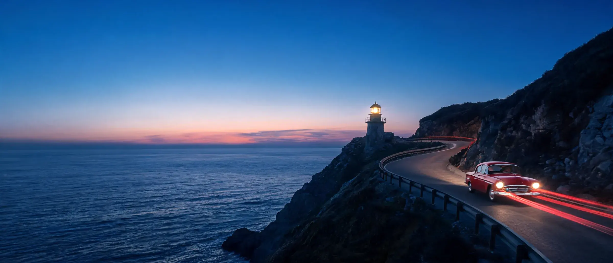 A frame from an AI-generated video: a vintage red car with light trails driving past a lighthouse on a coastal road at dusk.
