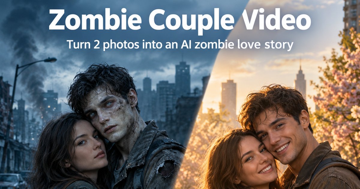 Zombie couple video before and after the match cut: a survivor hugs her infected partner in a ruined city, then the same couple hugs, both human, in golden sunlight